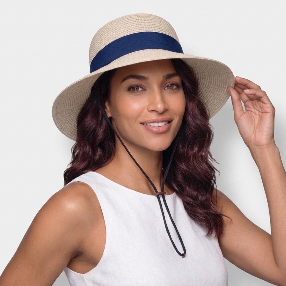 FURTALK Straw Sun Hat Women M-L Beigeโ Navy Ribbon UPF 50+ Wide Brim Beach Hat